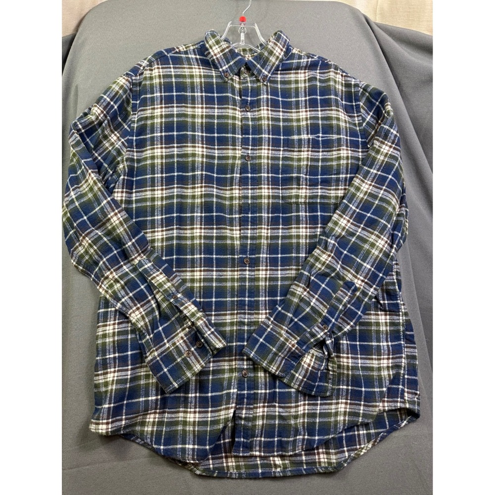 Croft & Barrow Men Flannel Shirt L Blue Green Plaid Cotton Button DW Long Sleeve